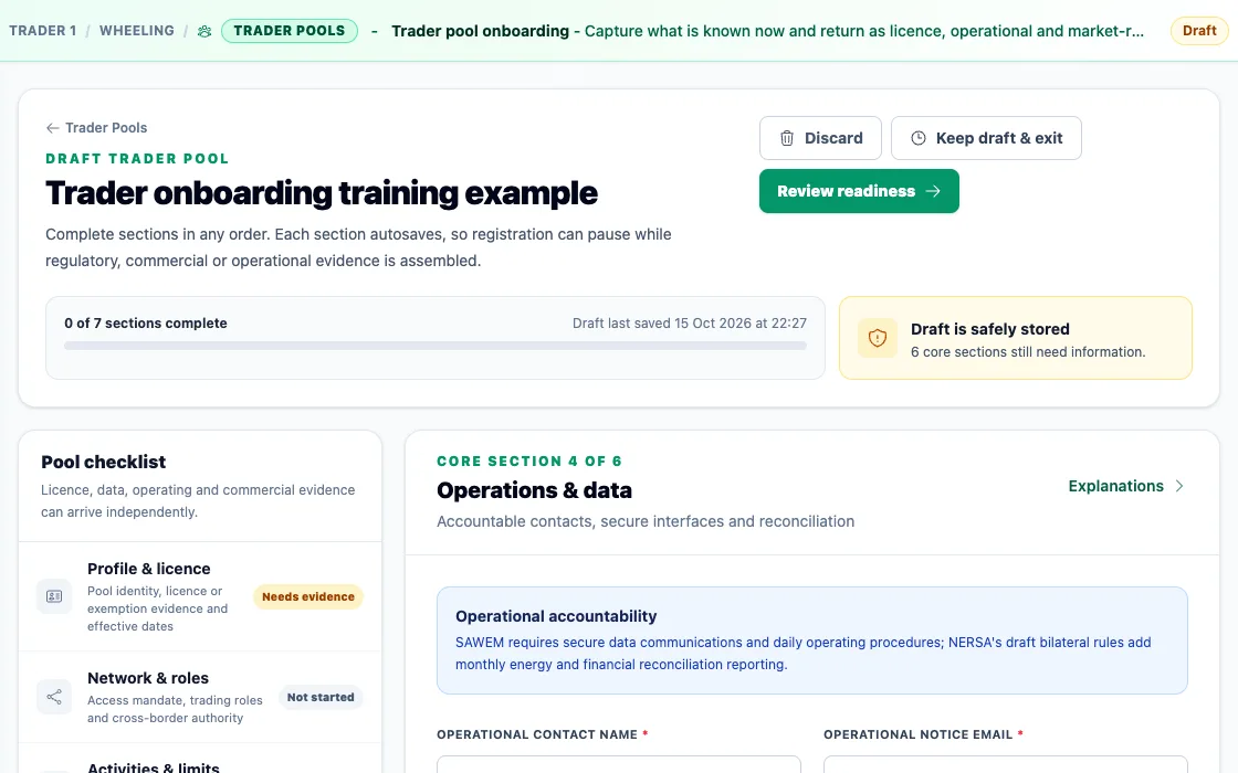 Trader pool onboarding: a draft that saves section by section, with the licence, network roles and operational accountability still to complete.